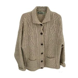 Aran Ireland 100% Merino Wool Cable Buttoned Collared Cardigan Tan Sweater Sz M